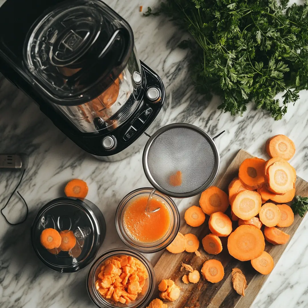Carrot Juice Preparation with Fresh Ingredients Fresh carrot juice preparation with a juicer, sliced carrots, and leafy greens on a marble countertop.
