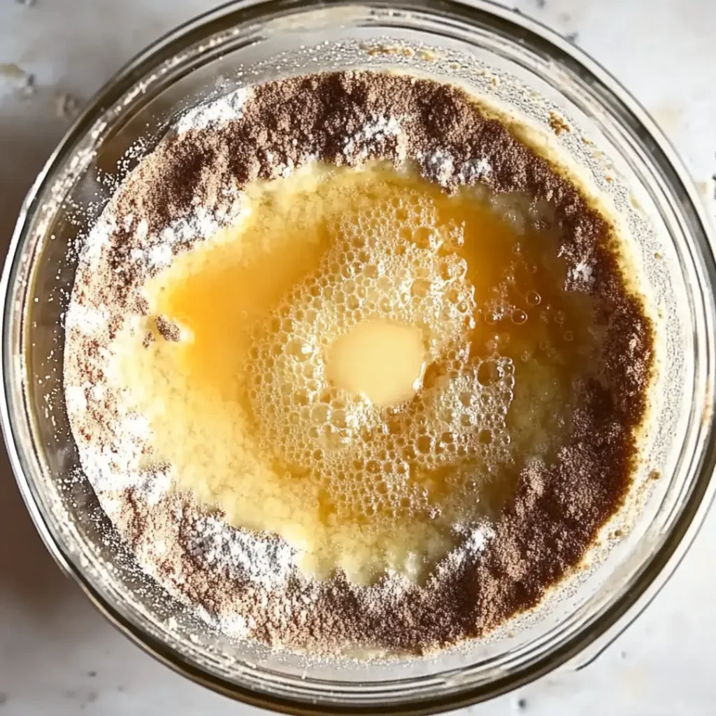 Glass bowl filled with ingredients for chocolate bread, including melted butter, cocoa powder, and flour, ready to be mixed.