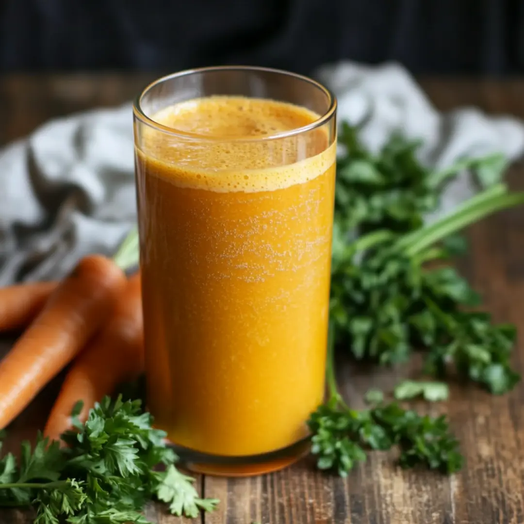 Nourishing Homemade Carrot Juice A glass of fresh carrot juice with vibrant greens and whole carrots on a rustic wooden table.
