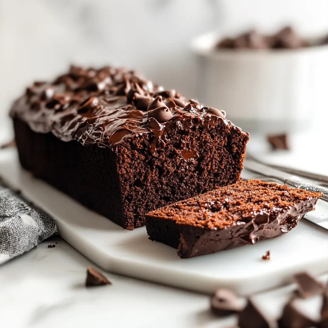 Loaf of moist chocolate bread topped with melted chocolate and chocolate chips, with a slice cut to show its rich texture.