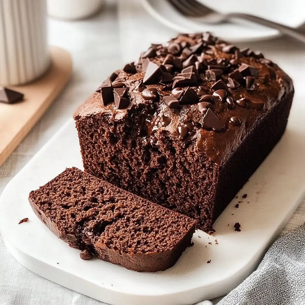 A close-up of a sliced chocolate bread loaf topped with chocolate chips on a white marble tray.