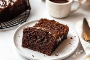 A slice of chocolate bread topped with melted chocolate, served on a white plate with a cup of coffee in the background.