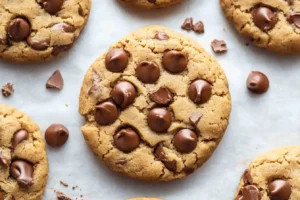 Close-up of a chocolate chip protein cookie surrounded by scattered chocolate chips on parchment paper.