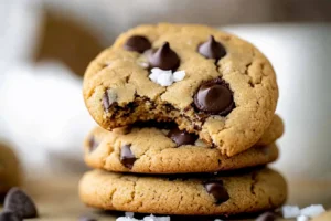 A stack of chocolate chip protein cookies with the top cookie featuring a bite taken out.