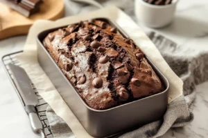 A loaf of freshly baked chocolate bread in a pan, topped with chocolate chips.