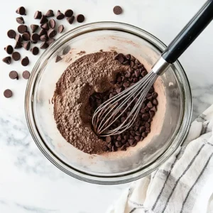 A glass bowl containing flour, cocoa powder, and melted butter, ready to be mixed.