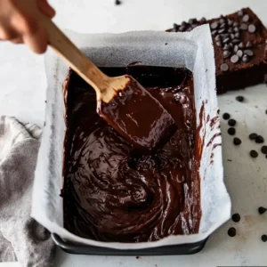 Chocolate batter being spread into a lined loaf pan with a spatula.