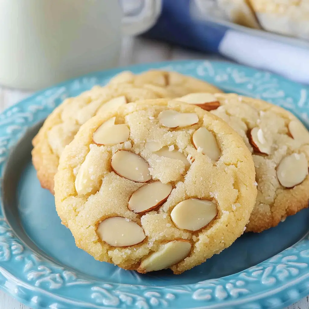 Soft almond cookies with sliced almonds on a blue plate.