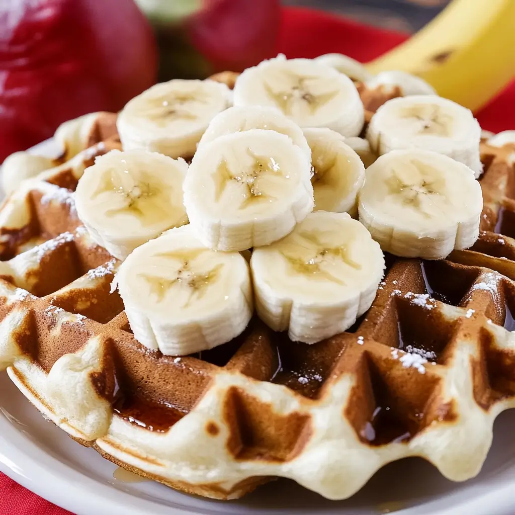 Close-up of a golden waffle topped with fresh banana slices and a drizzle of syrup.