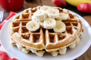 Fluffy banana waffle topped with fresh banana slices on a white plate.