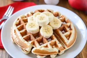 Golden banana waffle topped with fresh banana slices on a white plate.