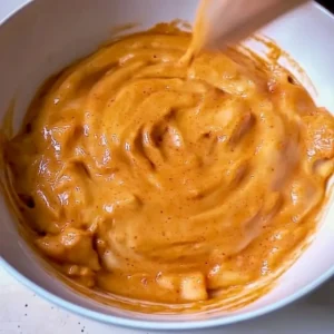 Creamy boom boom sauce being stirred in a white bowl.