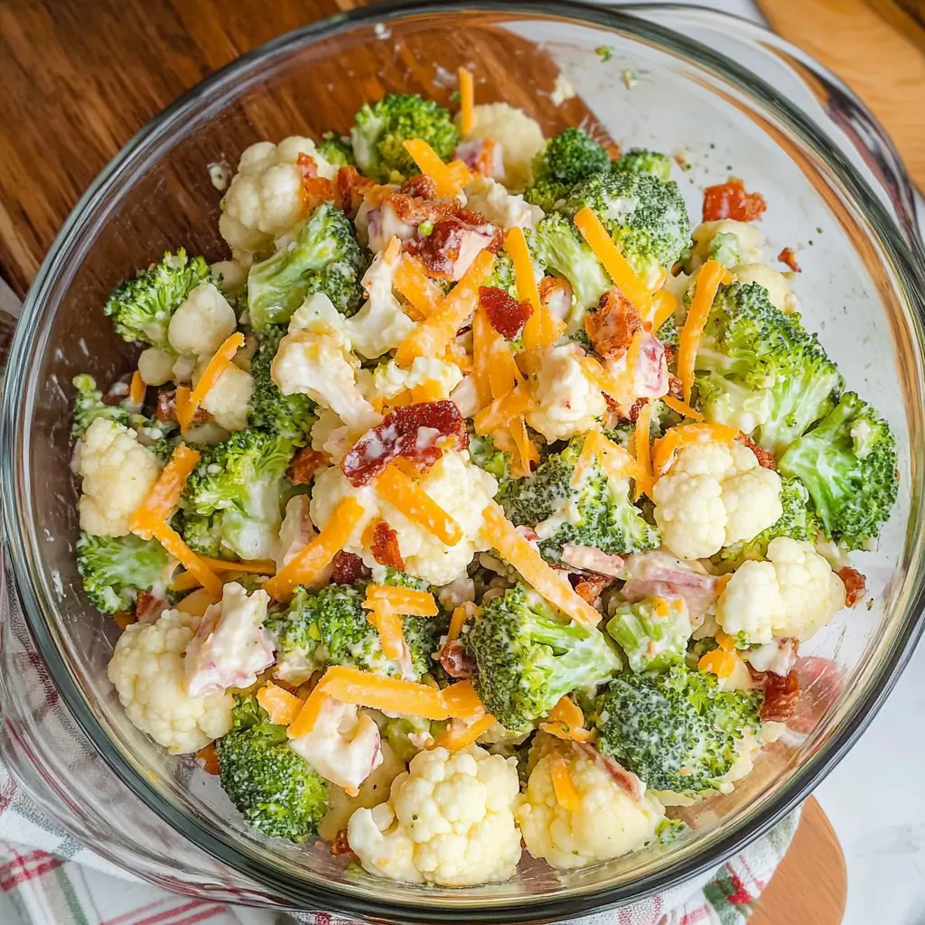 Broccoli cauliflower salad with shredded cheese and crispy bacon in a glass bowl.