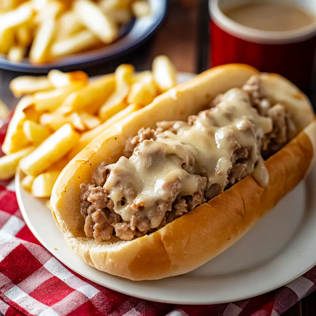 Chicken cheesesteak sandwich with melted cheese served with fries on a plate.