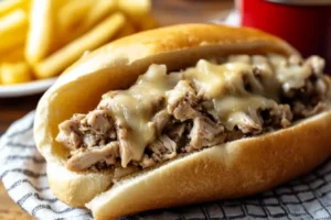 Close-up of a chicken cheesesteak sandwich with melted cheese on a toasted hoagie roll.