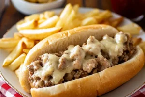 Chicken cheesesteak sandwich with melted cheese and a side of fries.