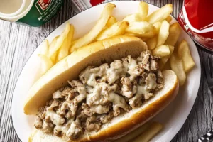 Chicken cheesesteak sandwich served with fries and a cold drink on a plate.