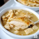 Golden flaky chicken pastry served in a white bowl with creamy filling.