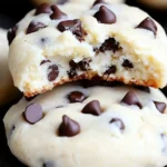 A close-up of a stack of chocolate chip cheesecake cookies with a bite taken out of the top cookie.