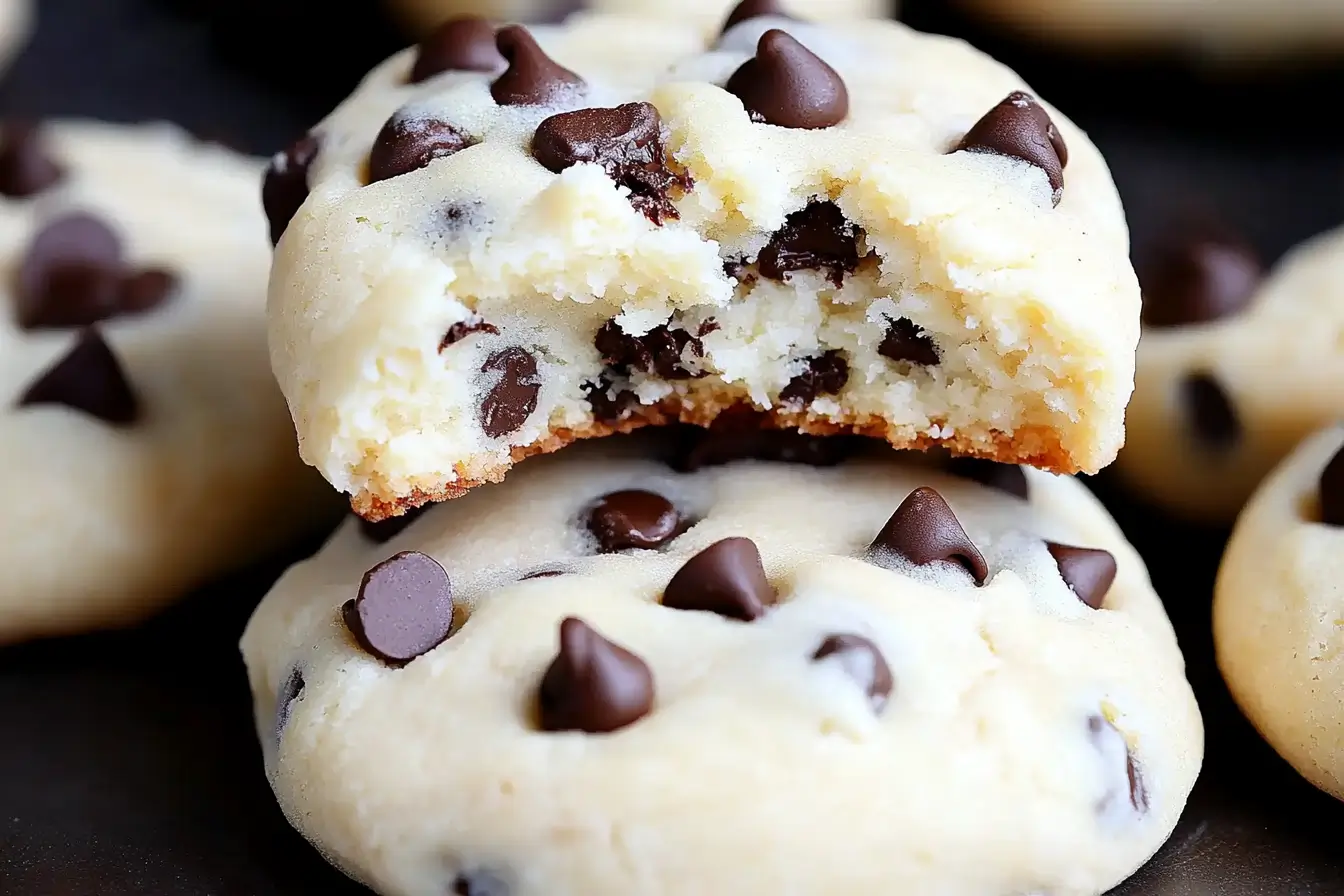 A close-up of a stack of chocolate chip cheesecake cookies with a bite taken out of the top cookie.