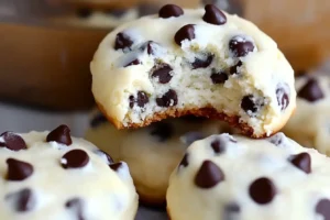 A stack of chocolate chip cheesecake cookies with chocolate chips scattered around.