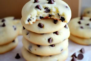 A chocolate chip cheesecake cookie broken into halves, showing its soft, creamy interior.