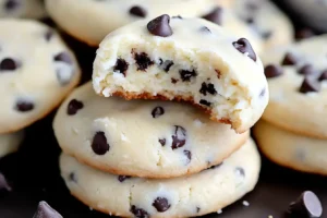 A chocolate chip cheesecake cookie with chocolate chips evenly distributed on top.