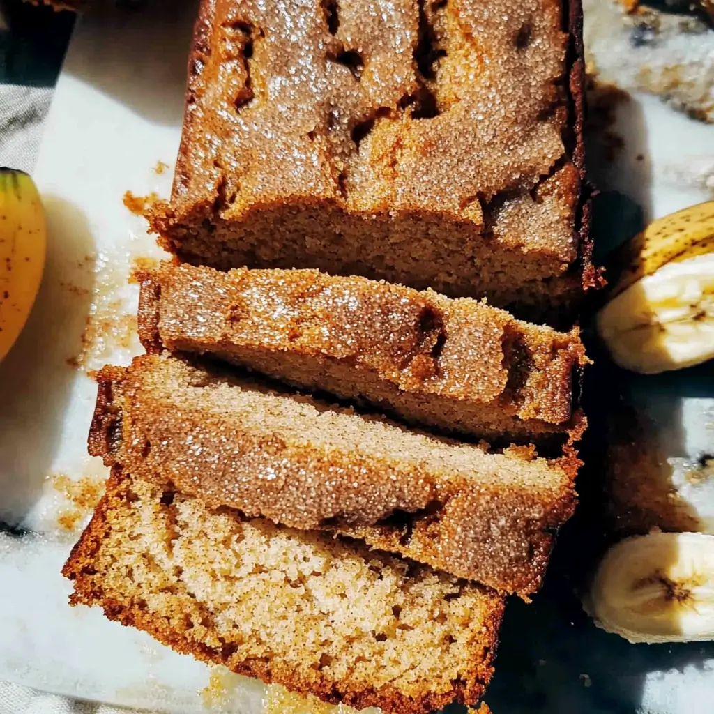 Sliced cinnamon banana bread on a marble surface with banana slices.