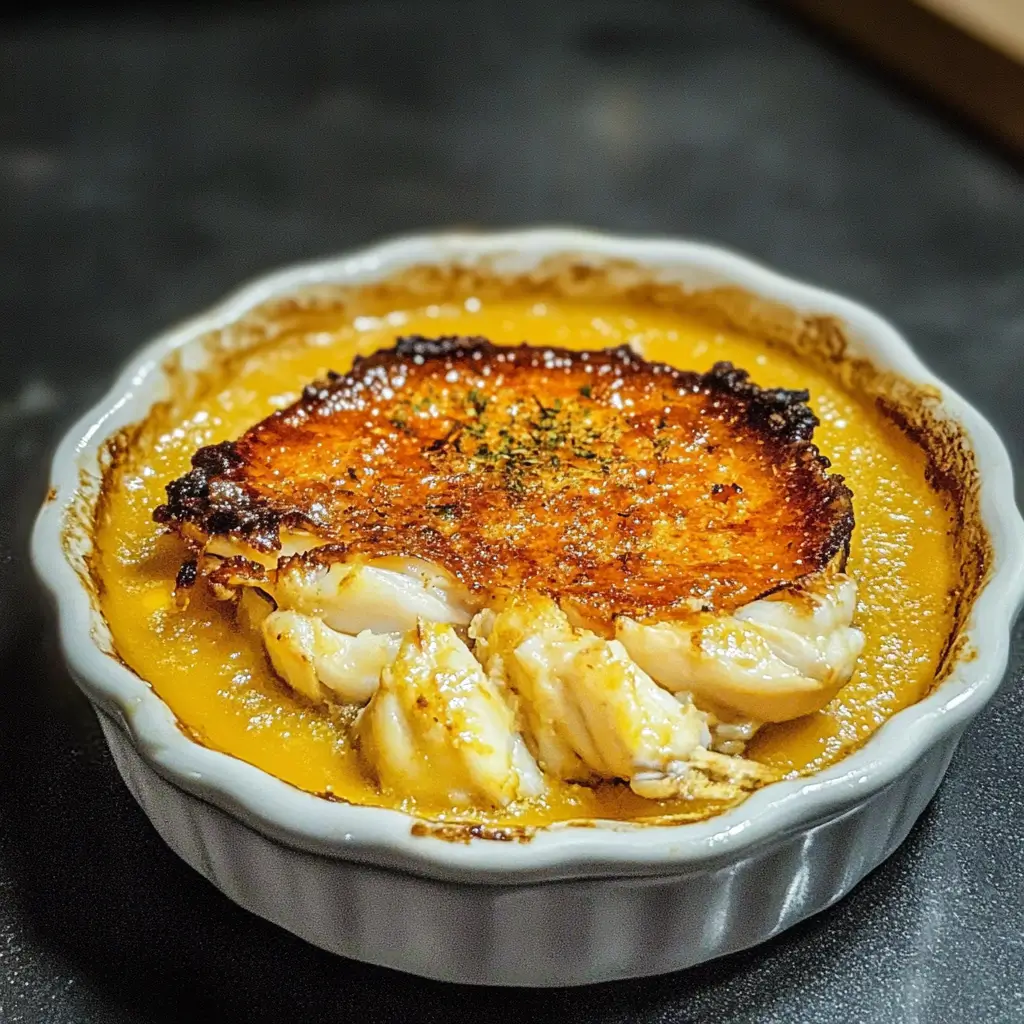 Crab brulee with a slightly charred caramelized crust and chunky crab meat in a white ramekin.