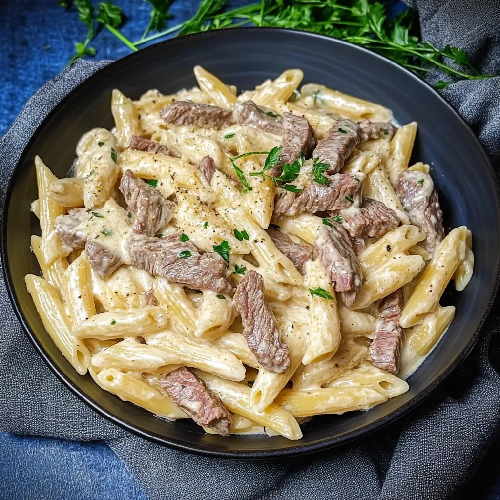 Creamy steak pasta with penne, tender steak slices, and parsley garnish in a black bowl.