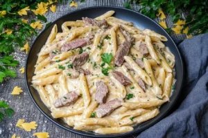 Creamy penne pasta with tender steak slices in a rich Parmesan sauce, garnished with parsley.