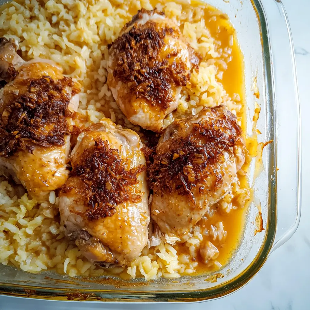 Four juicy chicken thighs baked with a savory crust atop golden rice in a glass casserole dish.