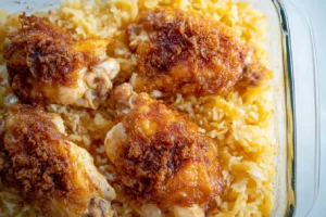 Tender baked chicken with golden crust served over fluffy rice in a casserole dish.