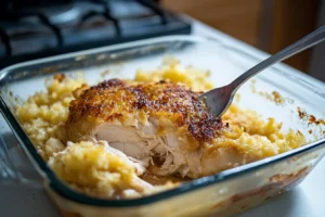 Close-up of baked chicken being served from a casserole dish with a crispy, flavorful crust.