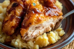 A fork cutting into a tender piece of chicken served with creamy rice on a plate.