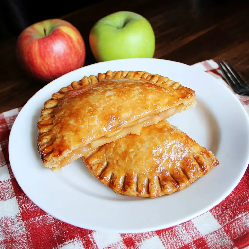 Golden-brown fried apple pies on a white plate with fresh apples in the background.