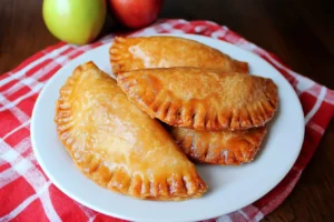 Three golden fried apple pies on a white plate with fresh apples in the background.