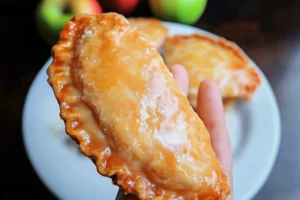 A hand holding a golden fried apple pie with a shiny glaze, ready to enjoy.