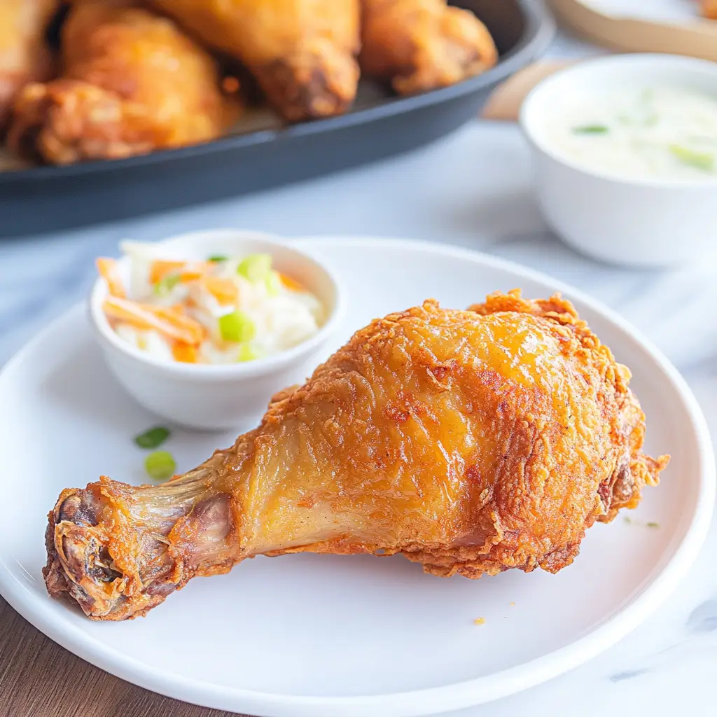 A crispy fried chicken leg served on a white plate with coleslaw in the background.