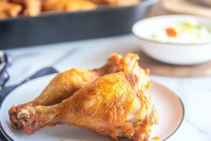 Two crispy fried chicken legs on a white plate with a bowl of salad in the background.