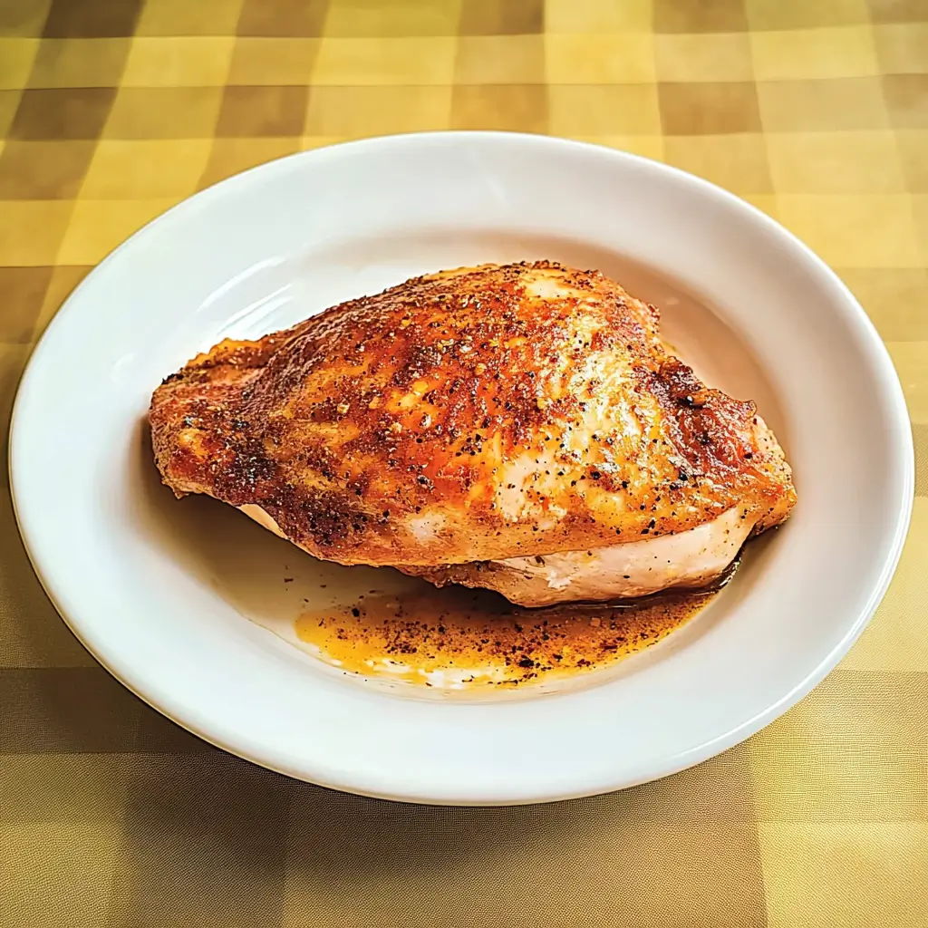 Single roasted Galena Chicken breast served on a clean white plate with visible seasoning.