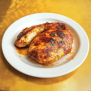 Two seasoned and roasted Galena Chicken breasts served on a white plate.