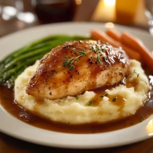 Galena Chicken glazed with sauce, served on creamy mashed potatoes with green beans and carrots.