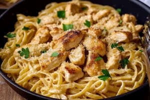 Close-up of garlic parmesan chicken pasta with fresh parsley garnish.