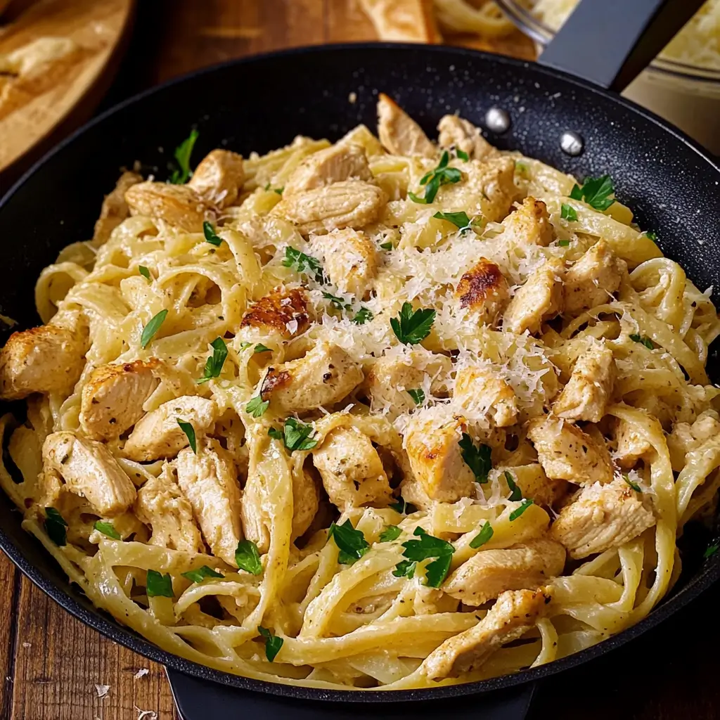 Creamy garlic parmesan chicken pasta topped with parsley in a black skillet.