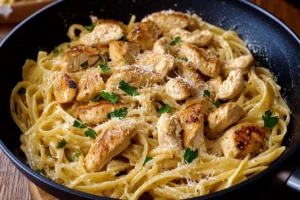 Skillet of garlic parmesan chicken pasta with golden chicken and fresh parsley.