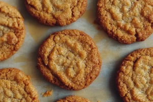 Close-up of baked graham cracker cookies on parchment paper.