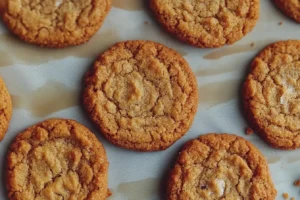 Close-up of golden graham cracker cookies on a baking sheet.