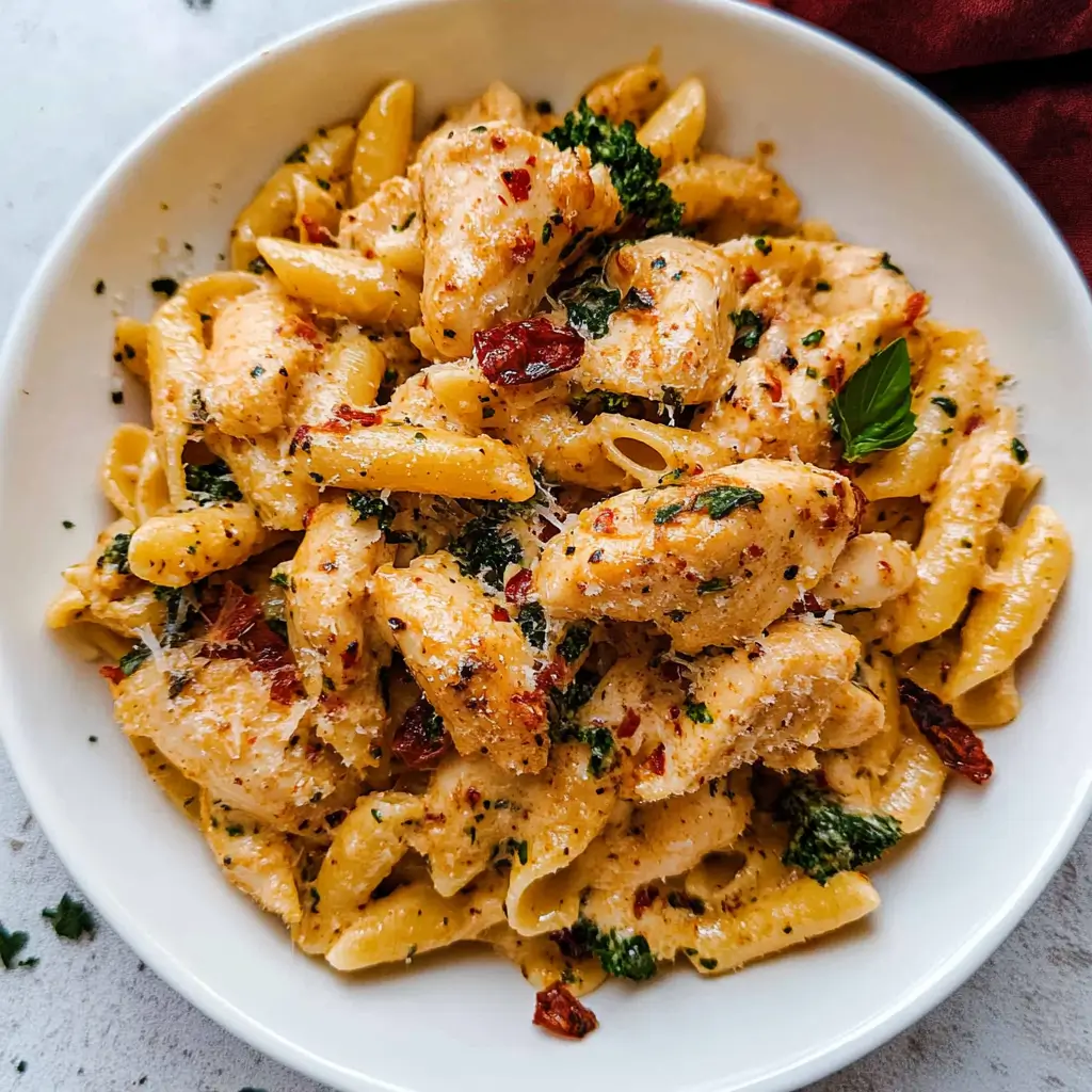 Creamy Marry Me Chicken Pasta with penne and herbs.