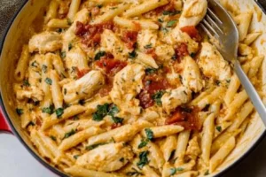 Creamy Marry Me Chicken Pasta with fresh herbs and sun-dried tomatoes in a skillet.